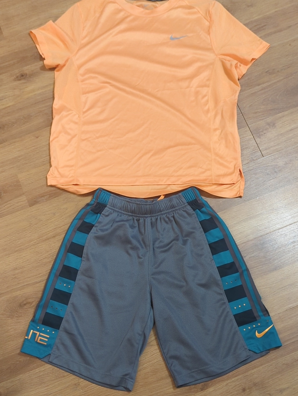 Nike Big Kids Peach Orange Tee with Gray Shorts and Teal Accents